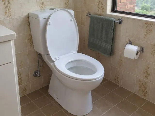 Clean white toilet in a tiled bathroom with towel rail and window in Macquarie Park