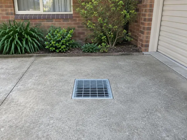 Concrete driveway with a flush stormwater grate beside brick house wall and garden beds in Putney